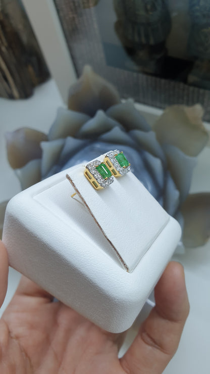 Emerald & Diamond Stud Earrings | 14K Gold Fine Jewelry