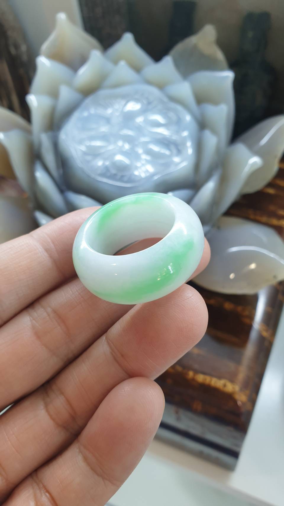 Type A Natural Jadeite Moss in Snow Domed Ring - US Size 12