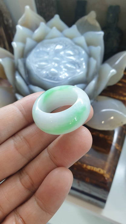 Type A Natural Jadeite Moss in Snow Domed Ring - US Size 12