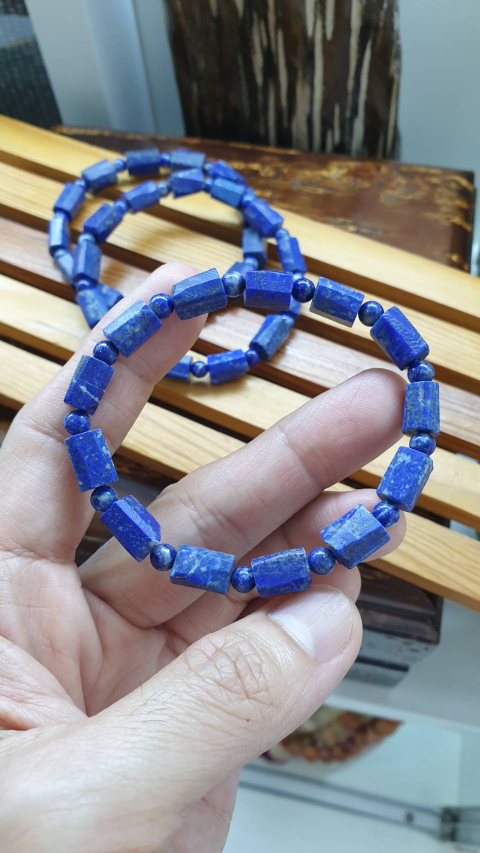 Lapis Lazuli Stretch Bracelets 17cm, Natural Stone Rugged Cylinder Beads