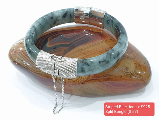 Striped Blue Jade Split Bangle (S 57) | Sterling Silver | Type A Natural Jadeite | Eye Candy Wrist Accessory for Him or Her