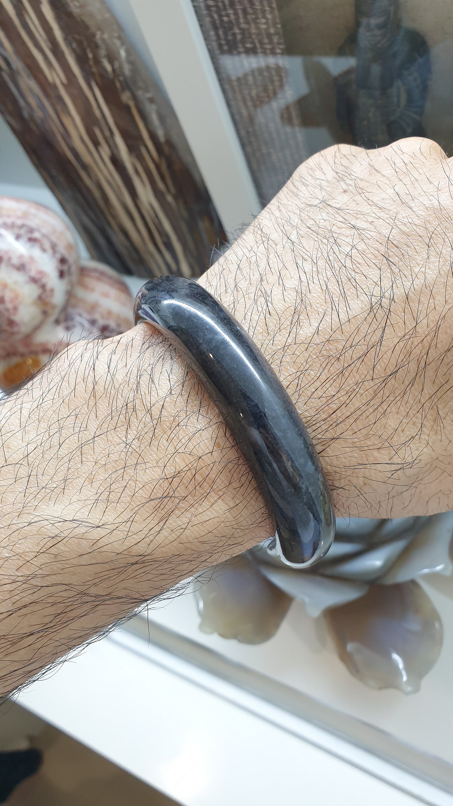 Jade Cuff Bangle Size 62 - 63 Type A Natural Black Jadeite