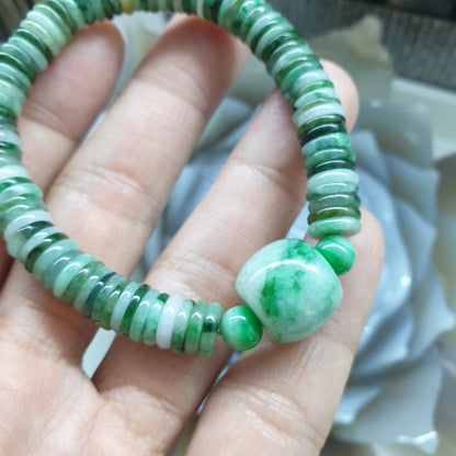 Stacked Ping An Kou Jade Bracelet | Moss in Snow Barrel Bead Charm | His or Hers Natural Jadeite Bracelet with Deep Meanings