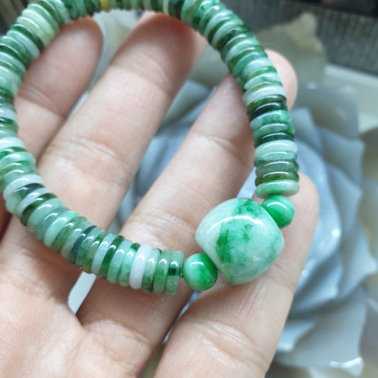 Stacked Ping An Kou Jade Bracelet | Moss in Snow Barrel Bead Charm | His or Hers Natural Jadeite Bracelet with Deep Meanings