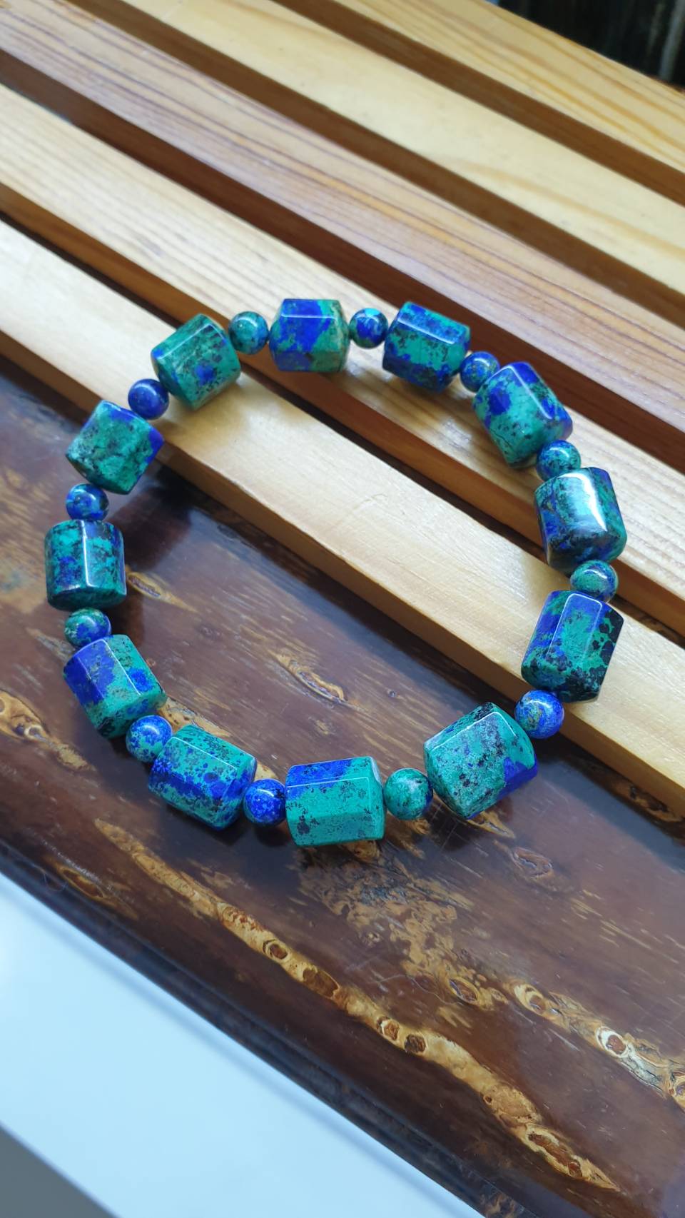 Azurite-Malachite Stylish Bracelet 17 cm, Authentic Stone Cylinder Beads 10 mm