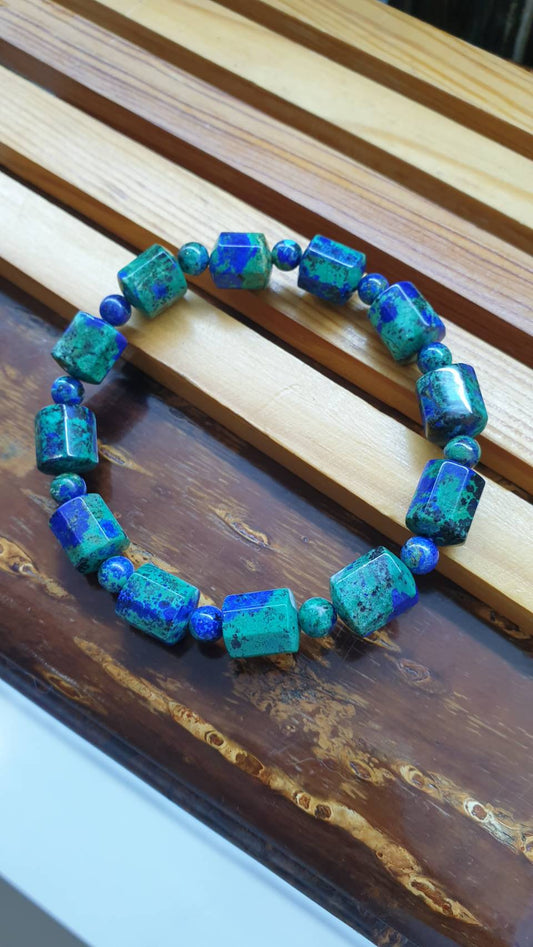 Azurite-Malachite Stylish Bracelet 17 cm, Authentic Stone Cylinder Beads 10 mm