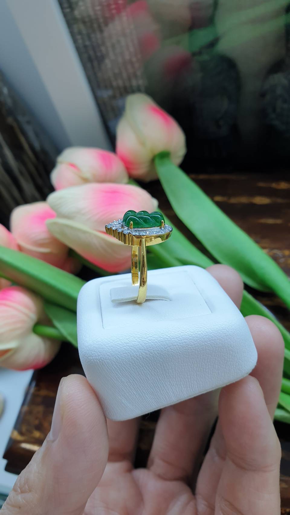 Imperial Jade Leaf & Moissanite Ring (7.5 US)| 9K Gold | Lucky Charm Ring for Her