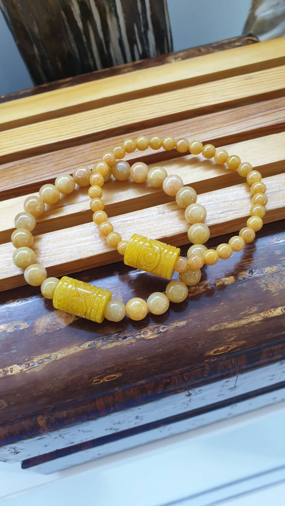 Honey Yellow Jadeite Bracelet Type A 17cm - Natural Jade Ru Yi Cylinder Charm