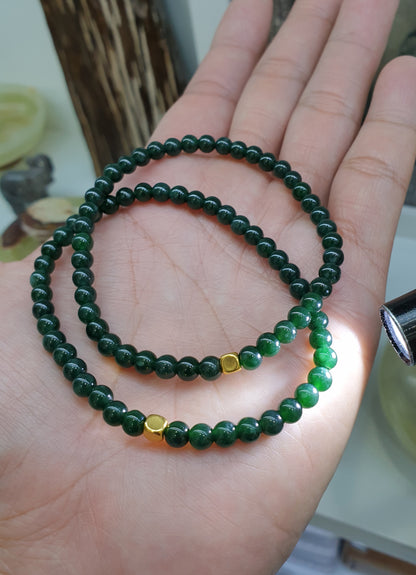 Mininalist Jade Bracelet | 24K Gold Cube | Type A Natural Greenish Blue Jadeite Beads