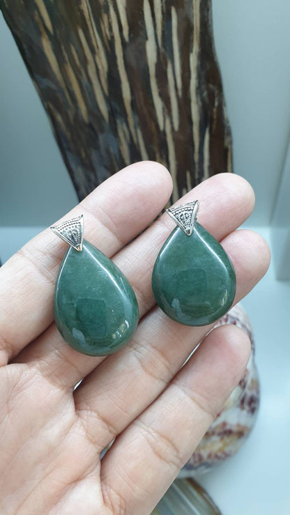 Green Jade Drop Pendant | Fei Cui - Type A Jadeite | Sterling Silver Bail