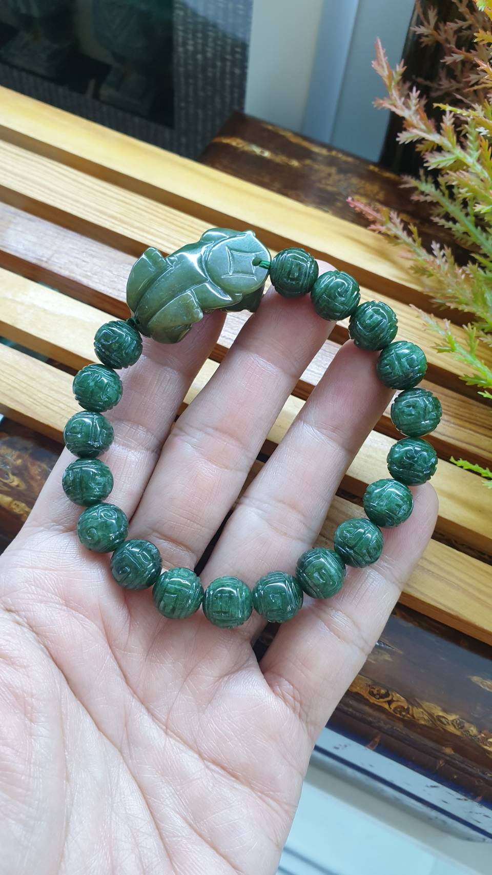 Jade Pixiu on Ru Yi Beads Bracelet 18cm Fei Cui Type A Natural Jadeite
