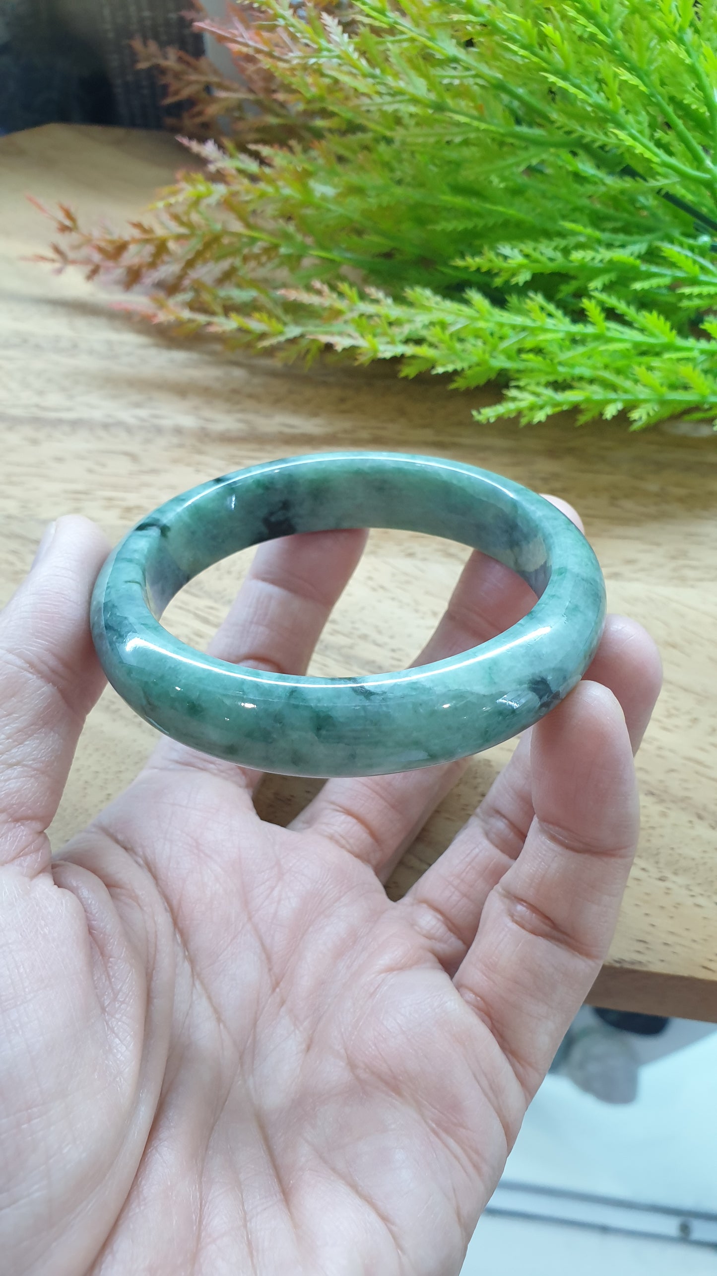 Jade Bangle S58.5 Type A Myanmar Jadeite Speckled Natural Moss Green