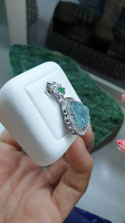 Happy Buddha Sterling Silver Locket Pendant Icy Blue Jade Type A Natural Jadeite