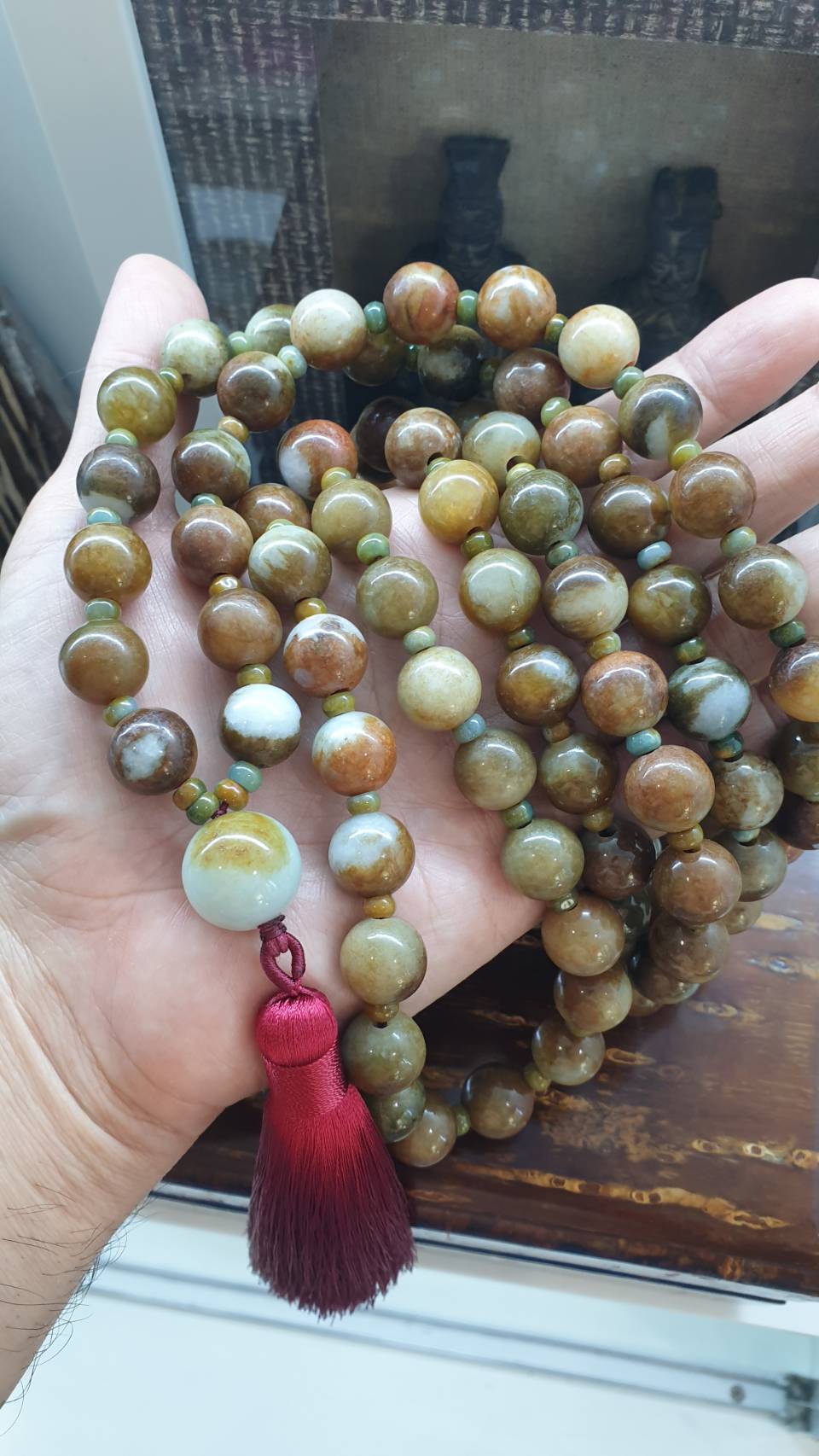 108 Beads Japa Mala Brown Jadeite 13.5mm Type A Natural Meditation Necklace