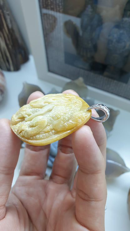 Genuine Honey Jade Dragon Pendant 🐉| Type A Natural Jadeite | Authentic Sterling Silver