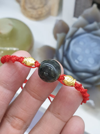 Jade & Koi Fish Red Thread Bracelet (Adjustable) | Pure 24K Gold | Fei Cui - Type A Jadeite