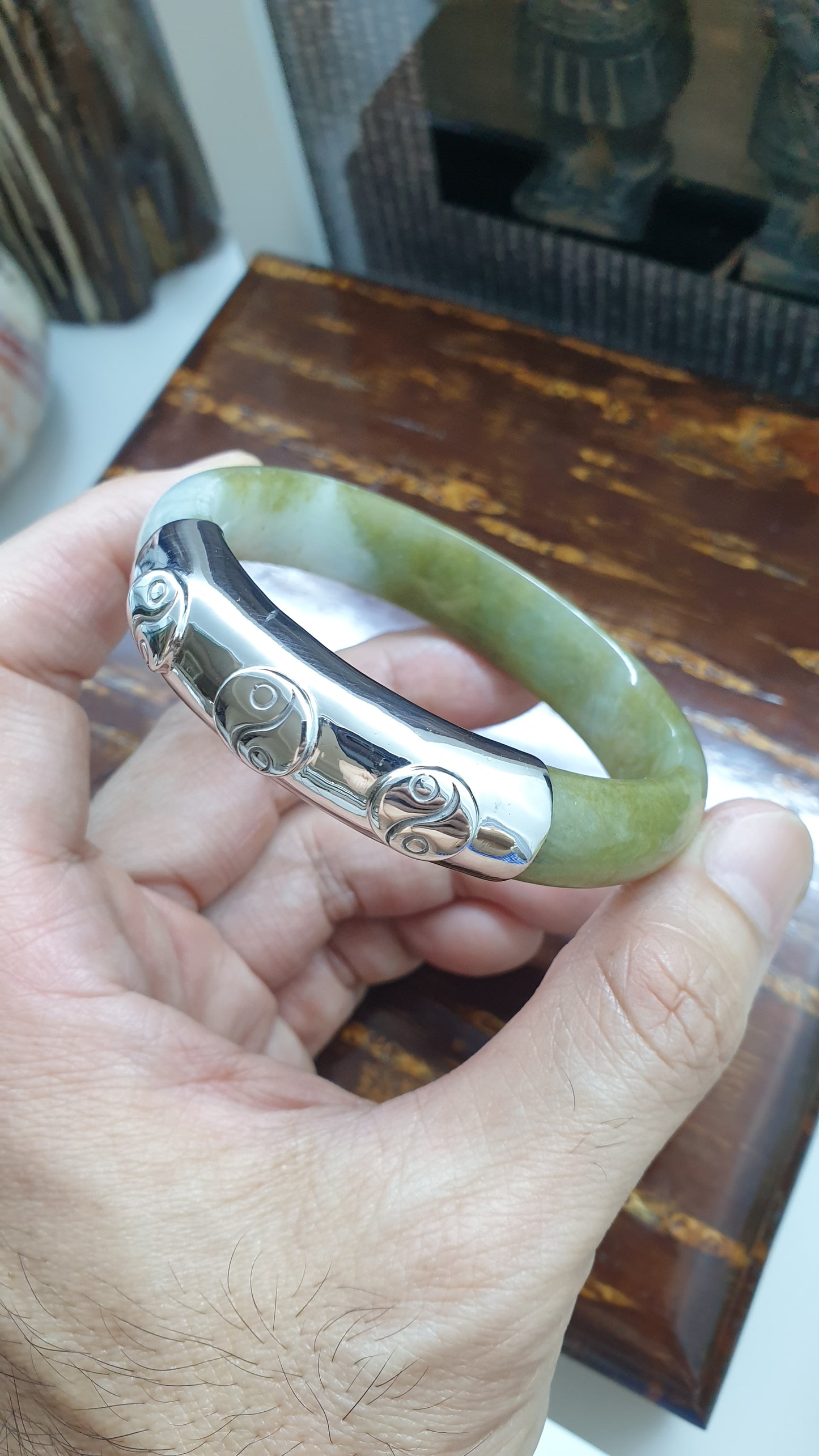 Yin Yang Jade Bangle (S 58 - 59) | Fei Cui Type A Jadeite & Sterling Silver | Statement Wrist Accessory