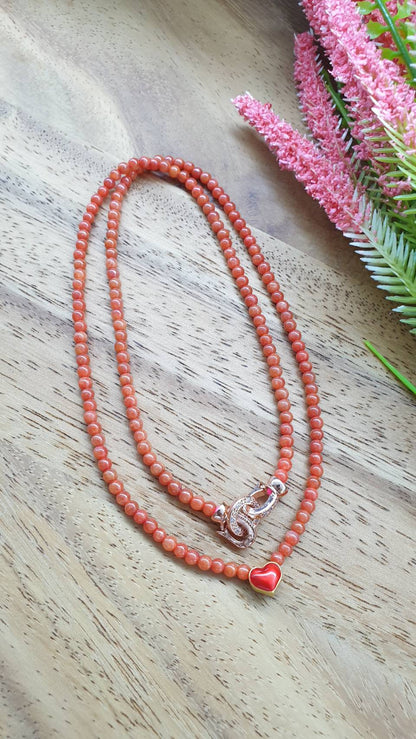 Red Jade Beads Necklace 18inch 24K Gold Heart Type A Myanmar Jadeite