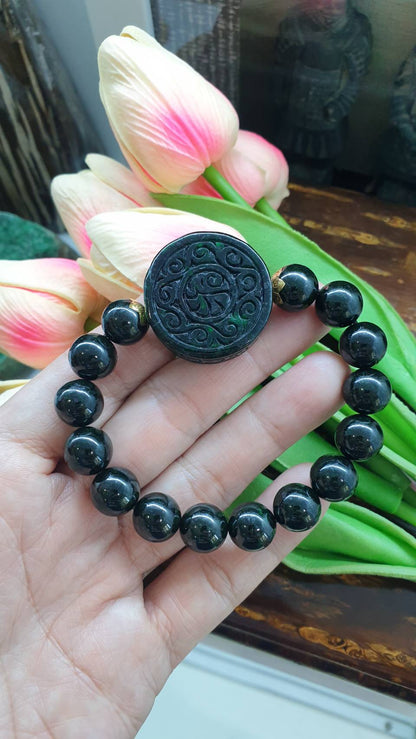 Vintage Black Jade Bracelet (17 cm) | 23K Gold & Type A Natural Jadeite | Good Fortune Beaded Jewelry