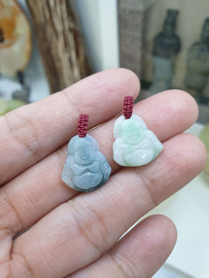 Jade Happy Buddha Pendant | Fei Cui - Type A Jadeite | Handwoven Thread Bail