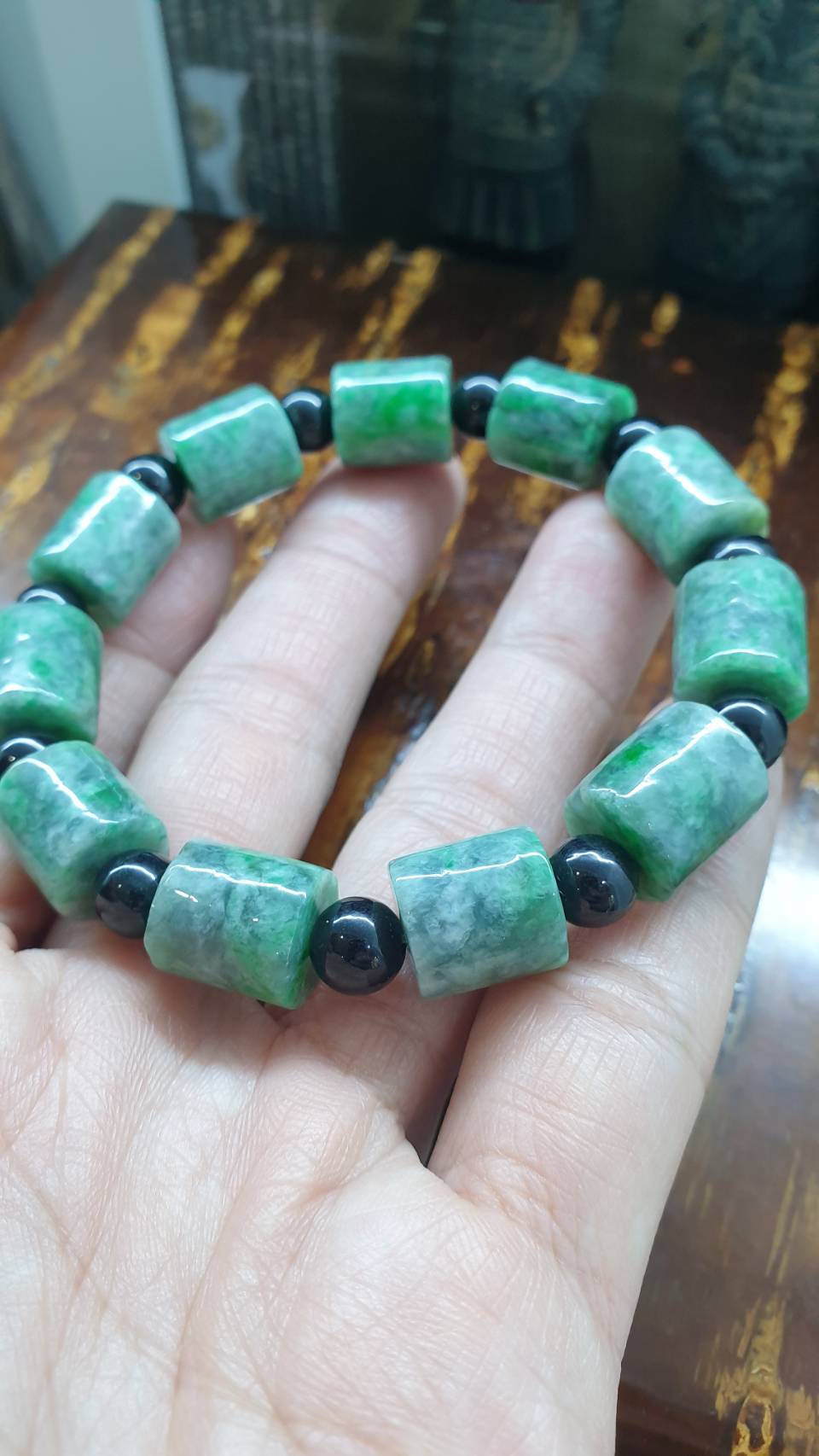 Jade Cylinder Beads Bracelets (18 cm) | Mottled Green, Type A Natural Jadeite | His or Hers Wrist Accessories