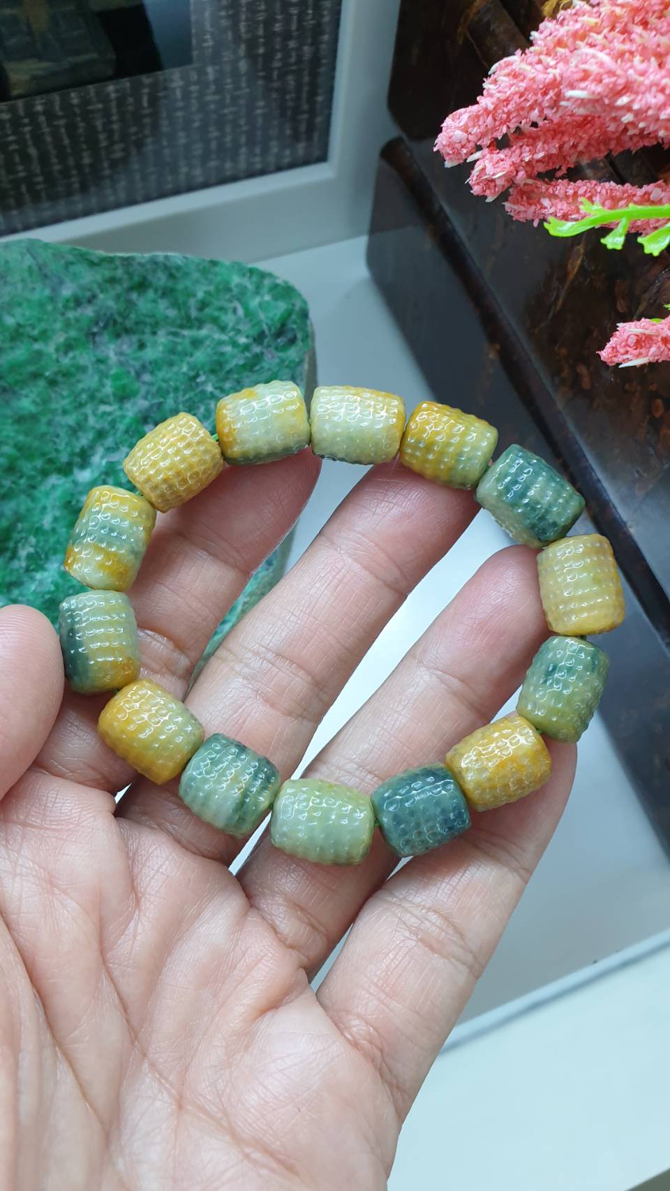 Honey Blue Jade Bracelet 17cm Type A Myanmar Jadeite Two Toned Barrel Beads