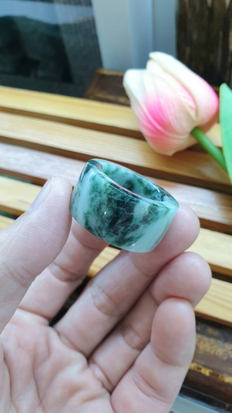 Jade Archer's Ring 11.75 US Type A Natural Jadeite Marbled Green