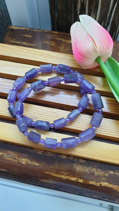 Amethyst Stretch Bracelets 17cm, Natural Gemstone Rugged Cylinder Beads
