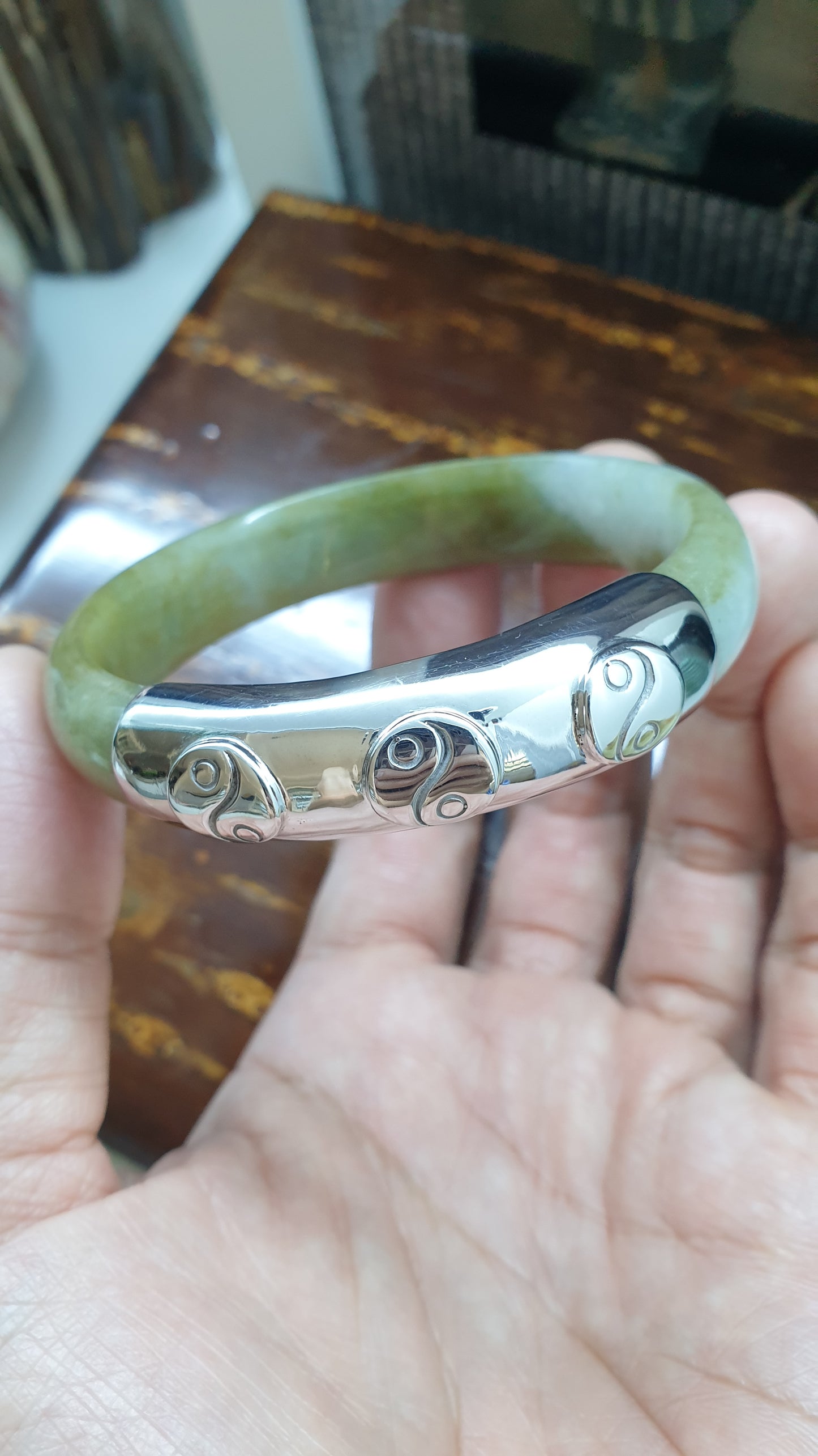 Yin Yang Jade Bangle (S 58 - 59) | Fei Cui Type A Jadeite & Sterling Silver | Statement Wrist Accessory