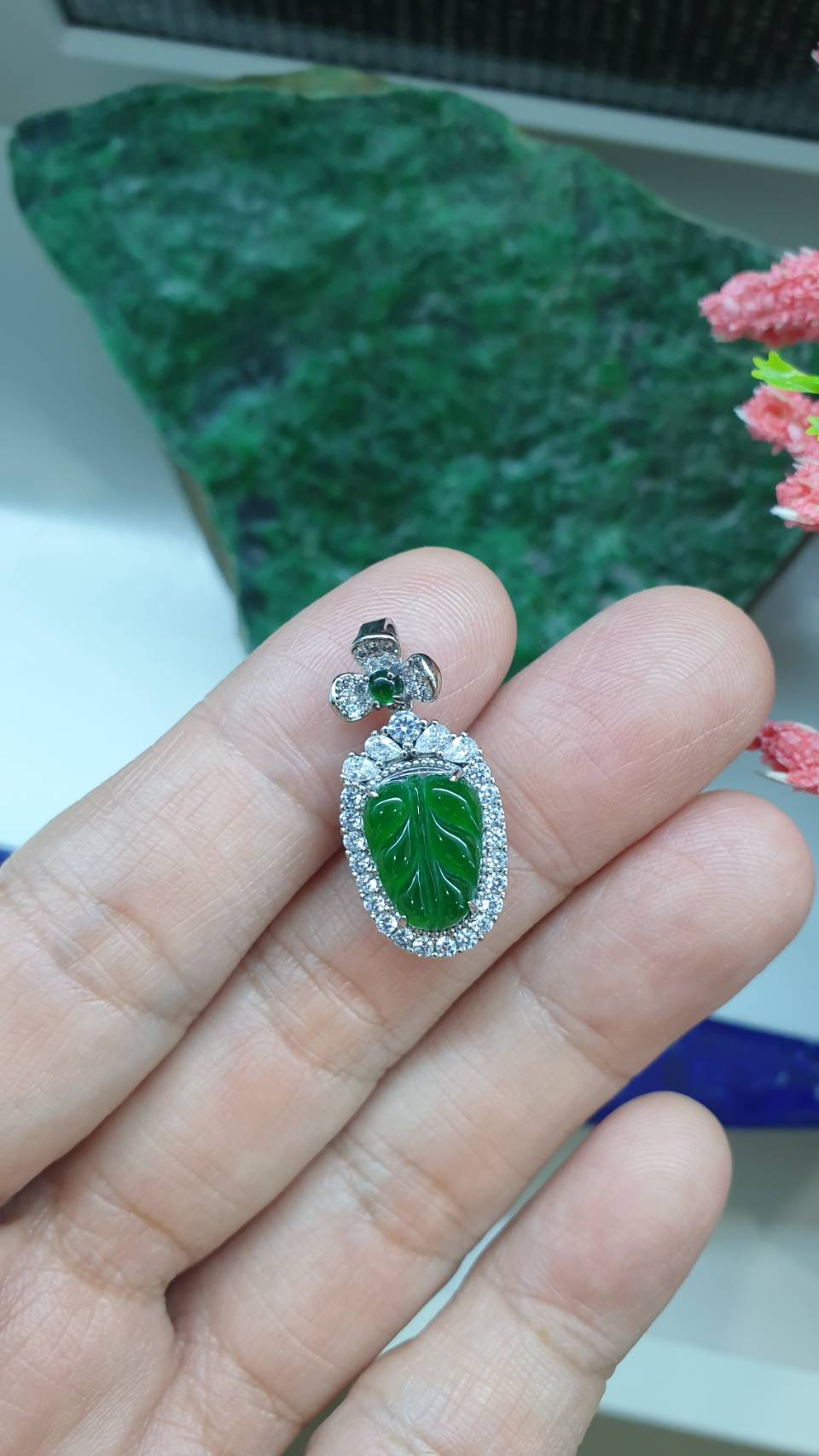 Jade Leaf Sterling Silver Locket Pendant Type A Natural Imperial Green Jadeite