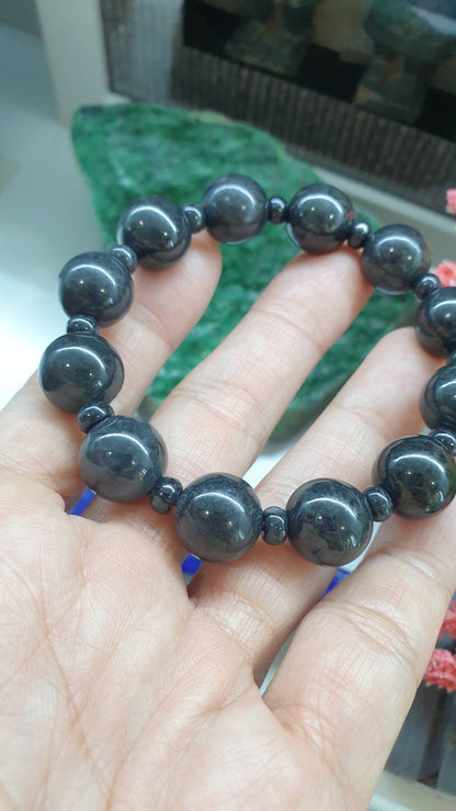 Black Jade Bracelet 17cm Spaced Beads Type A Natural Myanmar Jadeite