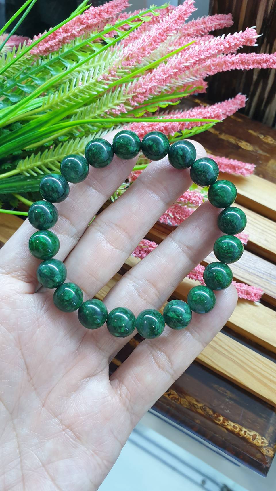 Mawsitsit Type A Beads Bracelet 17cm Fei Cui Natural Marbled Black Chrome Green