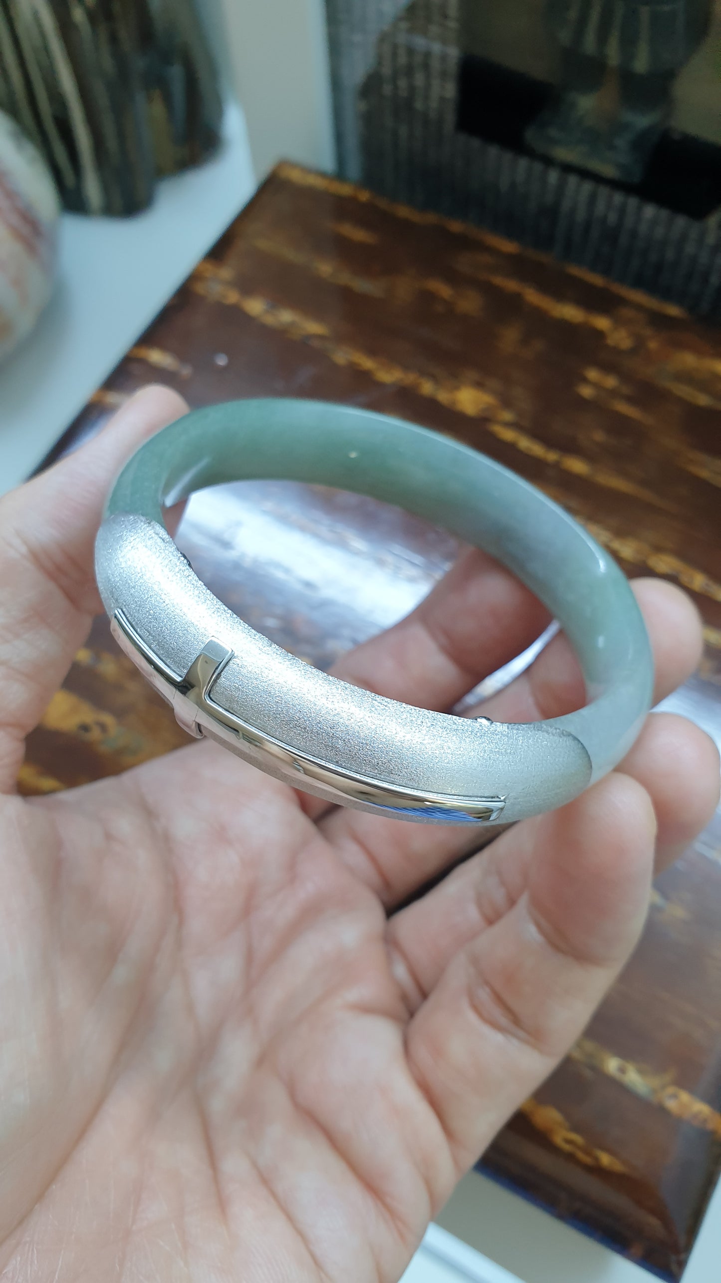 Elegant Cross on Jade Bangle (S 56 - 57) | Fei Cui Type A Jadeite & Sterling Silver | Statement Wrist Accessory