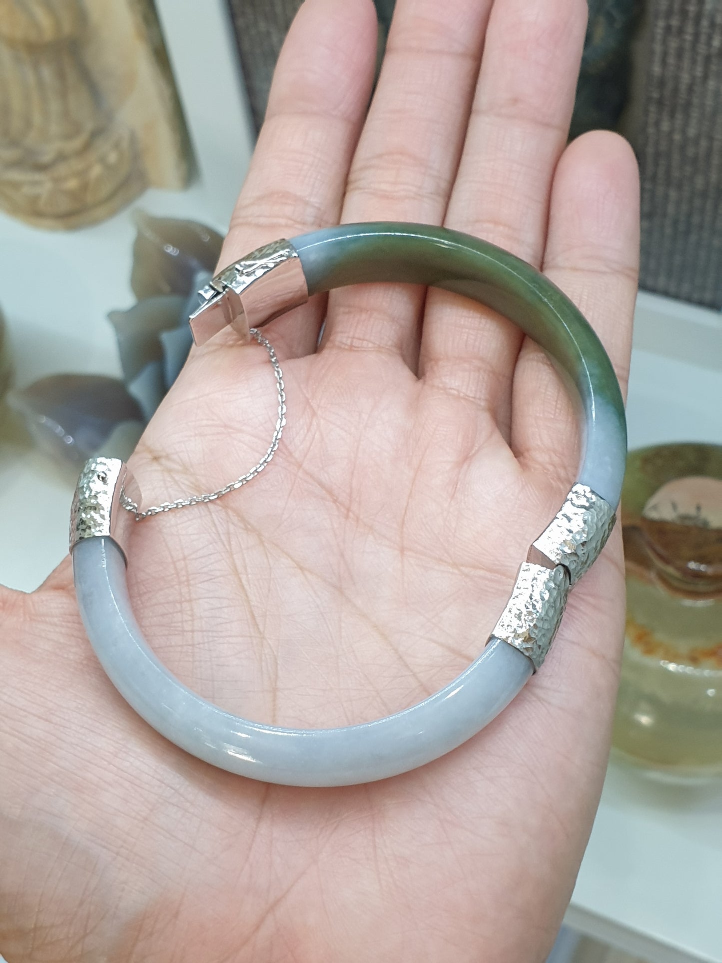 Lavender-Green Jade Split Bangle (S 60) | Sterling Silver | Type A Natural Jadeite | Eye Candy Wrist Accessory for Him or Her