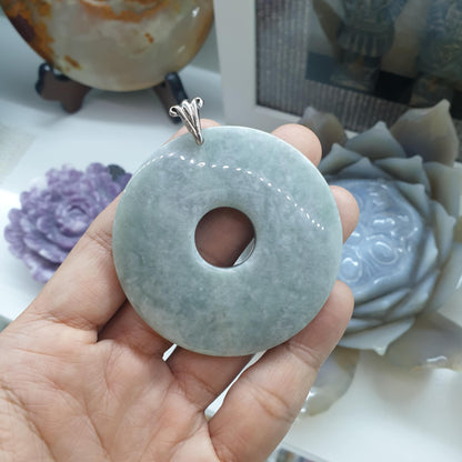 Lavender Jade Bi Disc Pendant | Fei Cui - Natural Jadeite & Sterling Silver | Statement Piece Jewelry