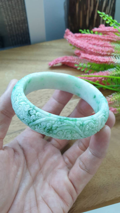 Carved Moss in Snow Jade Ru Yi Bangle S59 Type A Myanmar Jadeite Floral