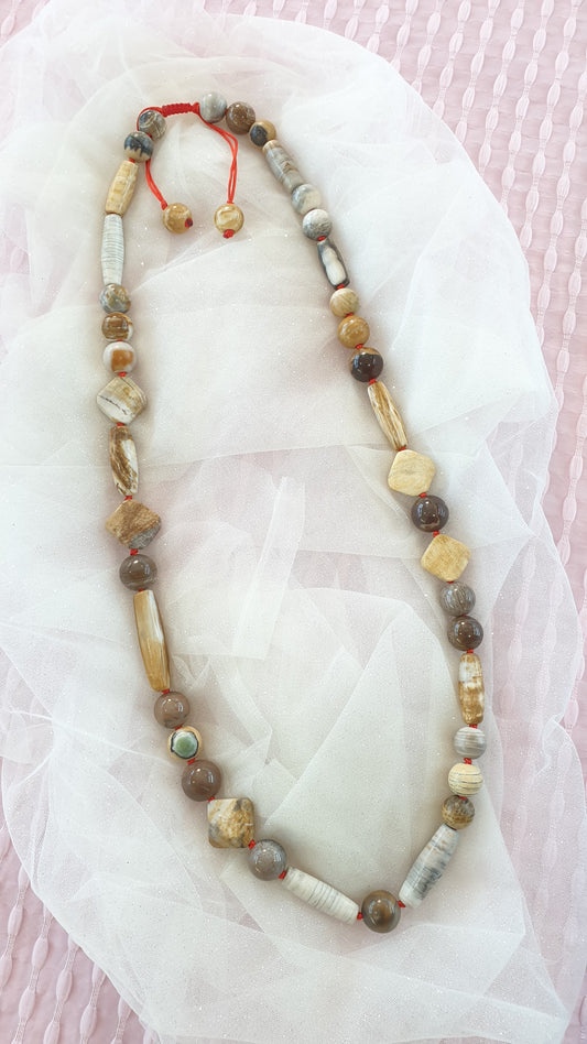 Petrified Wood Beaded Necklace (35") | Natural Stones - Curated Vintage Beads | Lady's Casual Opera Necklace