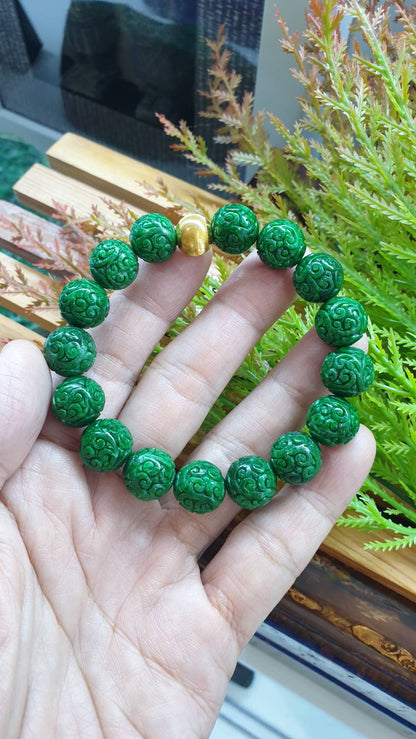 24K Gold Fei Cui Green Jade Ru Yi Beads Bracelet 17cm Type A Natural Myanmar Jadeite