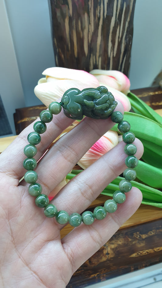 Jade Vintage Beads Pixiu Bracelet 17cm Fei Cui Type A Myanmar Jadeite