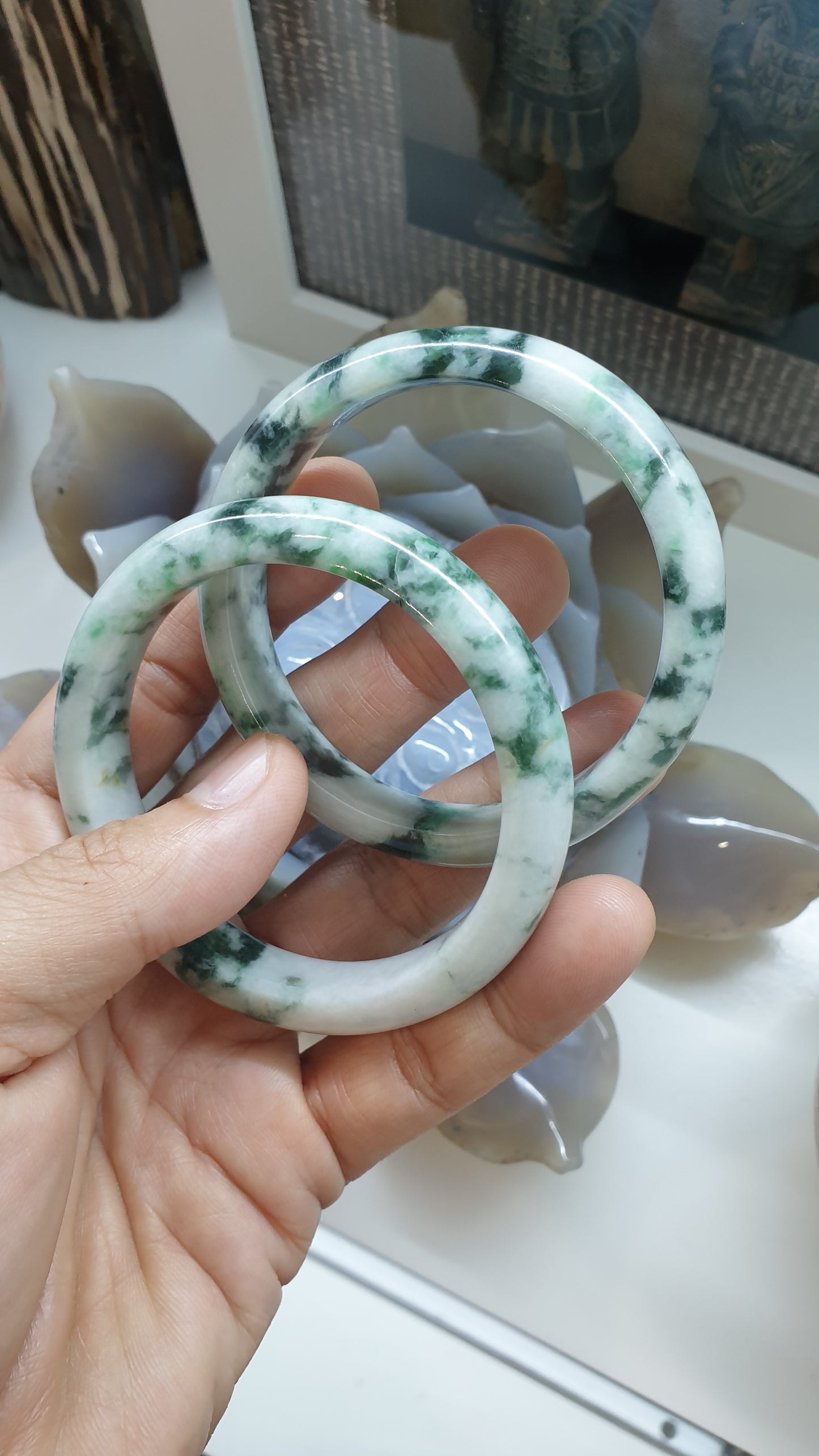 Paired Marbled Green Jade Bangles S57.5 Type A Natural Burma Jadeite