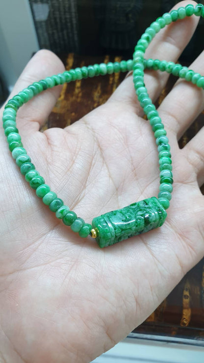 Jade Ru Yi & Abacus Beads Necklace (18") | 24K Gold Beads & 9K Gold Lobster Lock | Type A - Natural Green Jadeite
