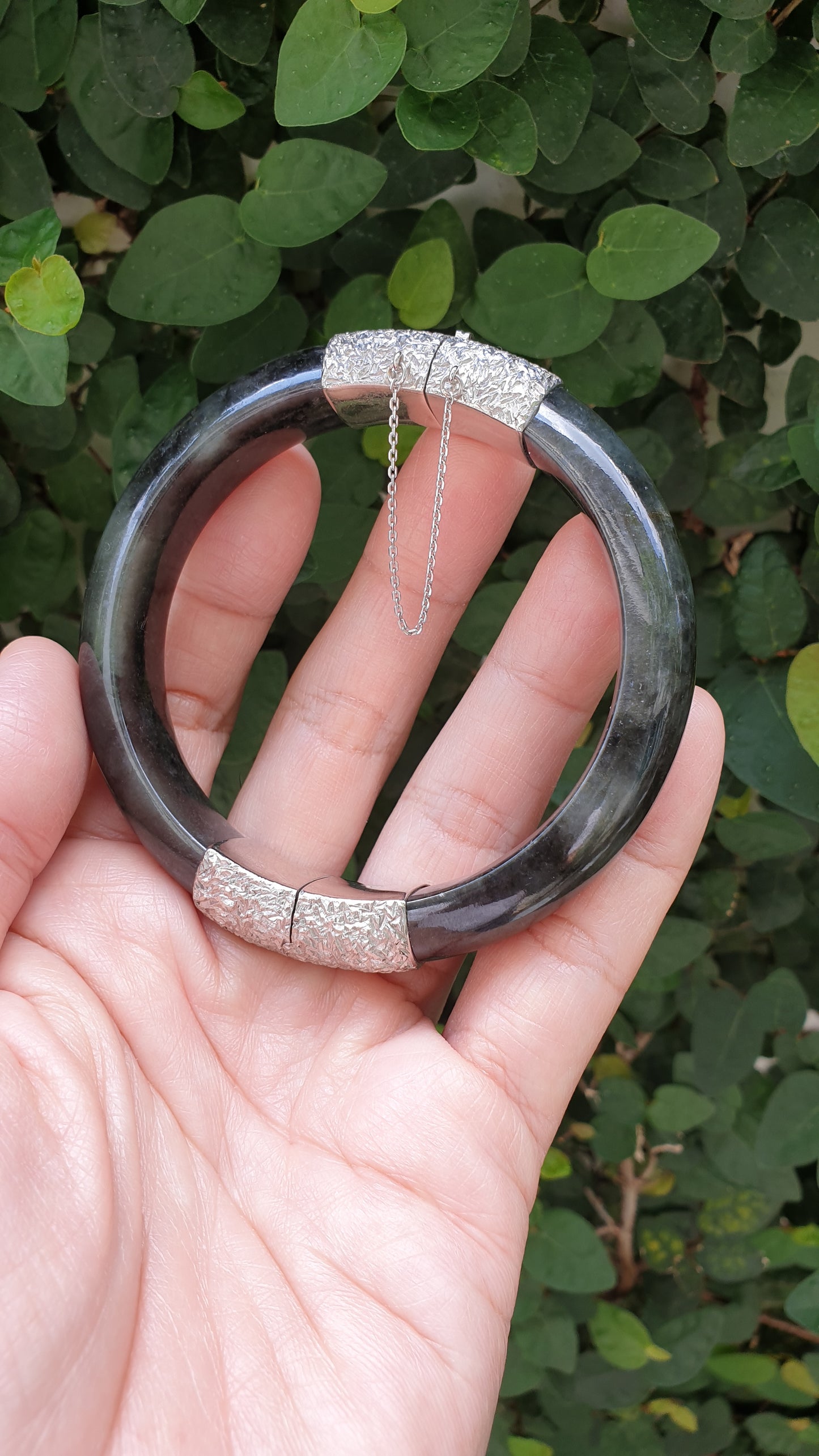 Jade Split Bangle S63 Natural Black Type A Myanmar Jadeite Sterling Silver Designer Locks