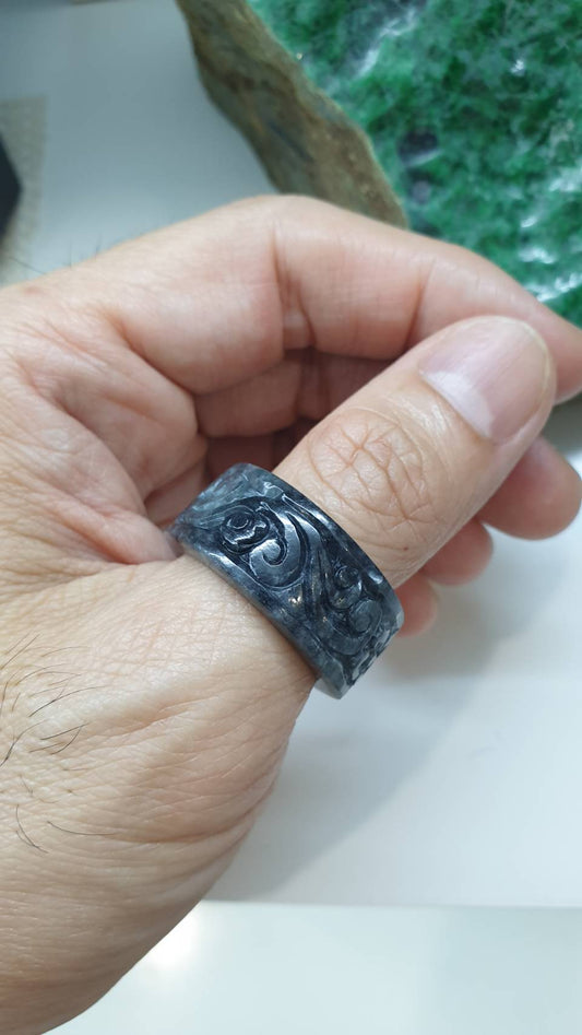 Ru Yi Jade Vintage Ring 12US Elegant Black Gray Type A Myanmar Jadeite