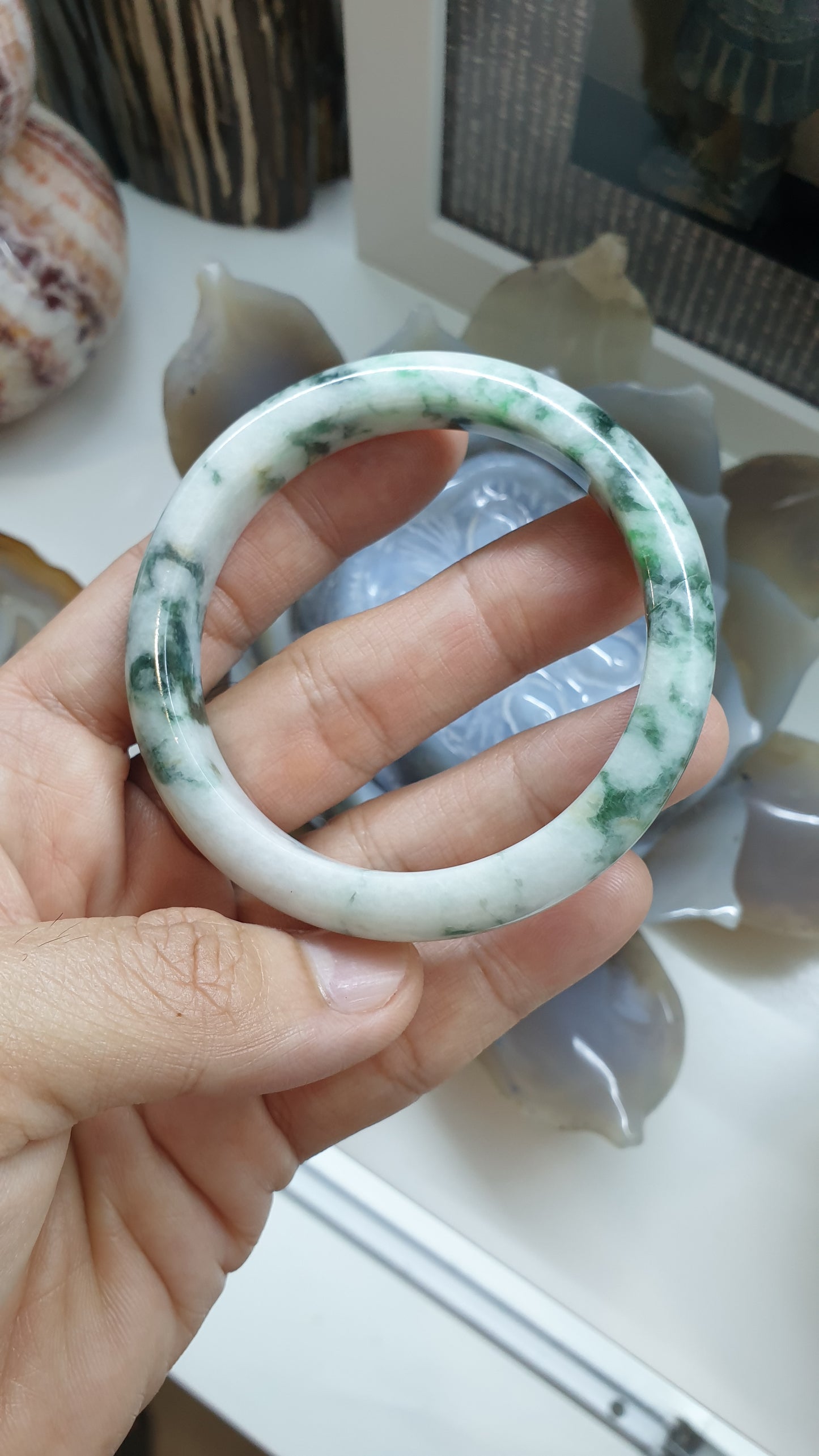 Paired Marbled Green Jade Bangles S57.5 Type A Natural Burma Jadeite