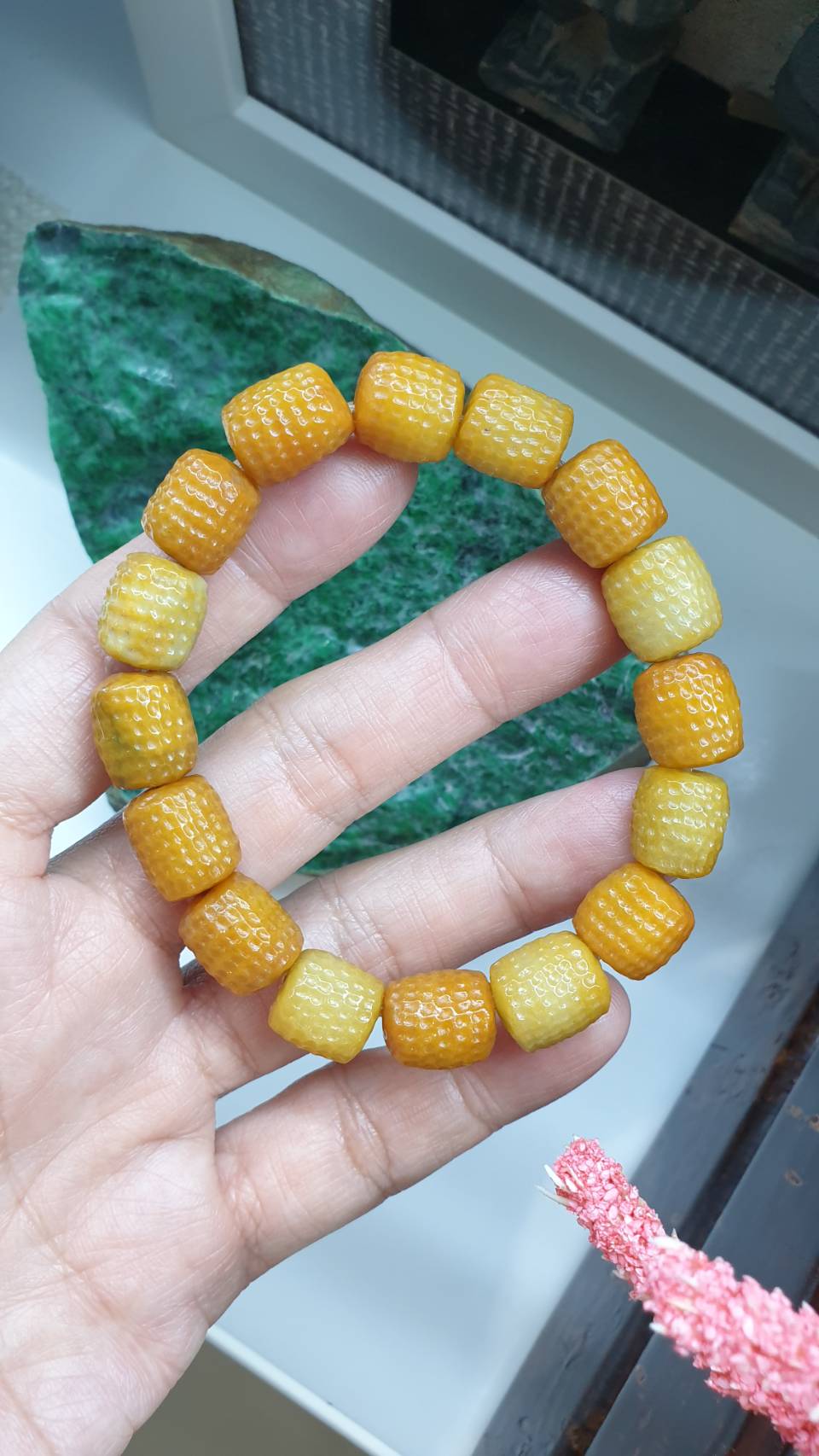 Gent's Honey Jade Bracelet 18cm Hammered Beads Type A Myanmar Jadeite