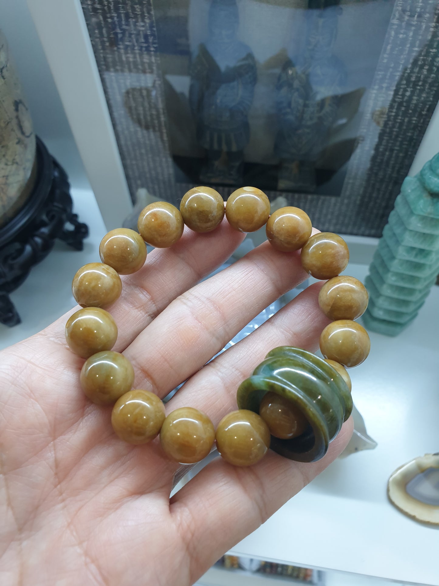 Earthy Cream-Brown Natural Jade Bracelet | Detachable Archer’s Ring Charm | His or Hers Unique Wrist Candy with Handmade Beads