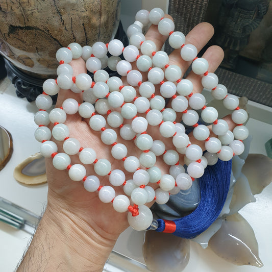 108 Beads White Jade Japa Mala | Type A Natural Jadeite | Handcrafted Meditation Beads