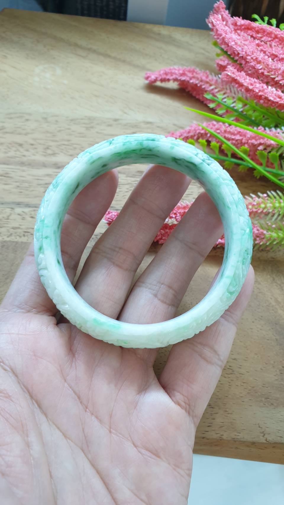 Carved Moss in Snow Jade Ru Yi Bangle S59 Type A Myanmar Jadeite Floral