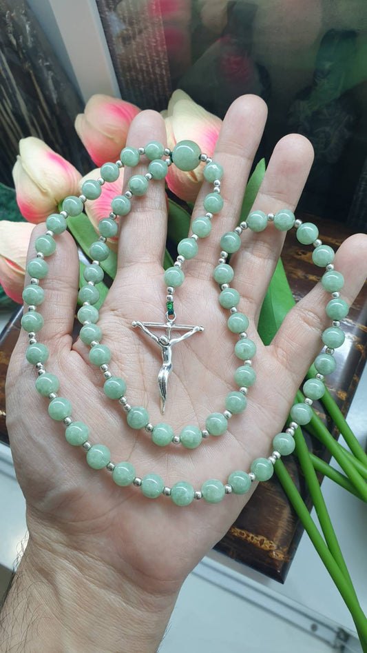 Jade Beads Rosary (27 inch) | Type A Natural Light Green Jadeite + Sterling Silver Crucifix