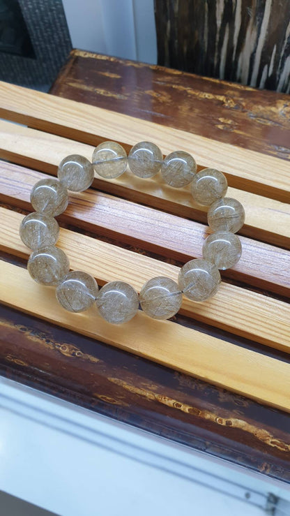 Silver Rutilated Quartz Bracelet 17.5 cm - Natural Gemstone Beads 15 mm